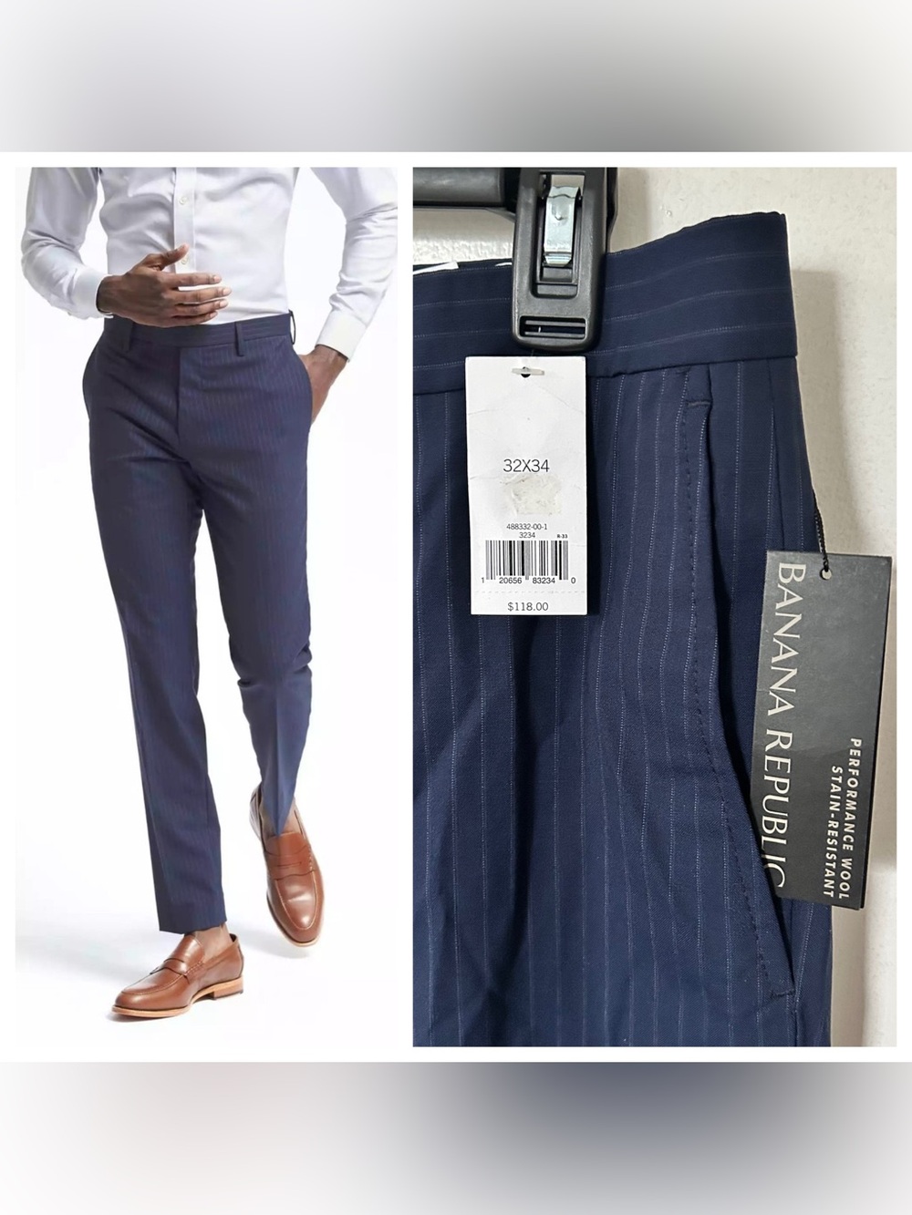 Banana Republic Men’s Performance Wool Slim Pants Stain Resistant Pinstripe $118